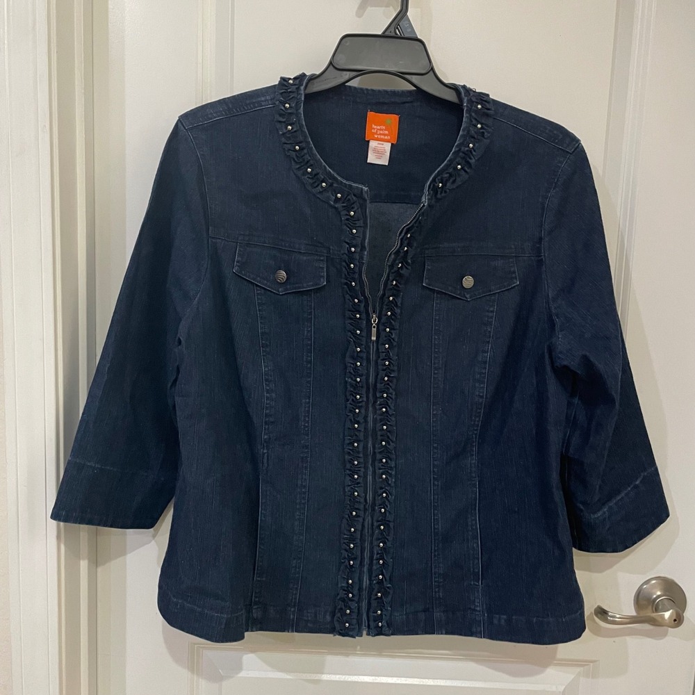 Hearts of Palm Woman Denim Jacket Dark Wash Ruffle Studded Zip Front Plus 20W
